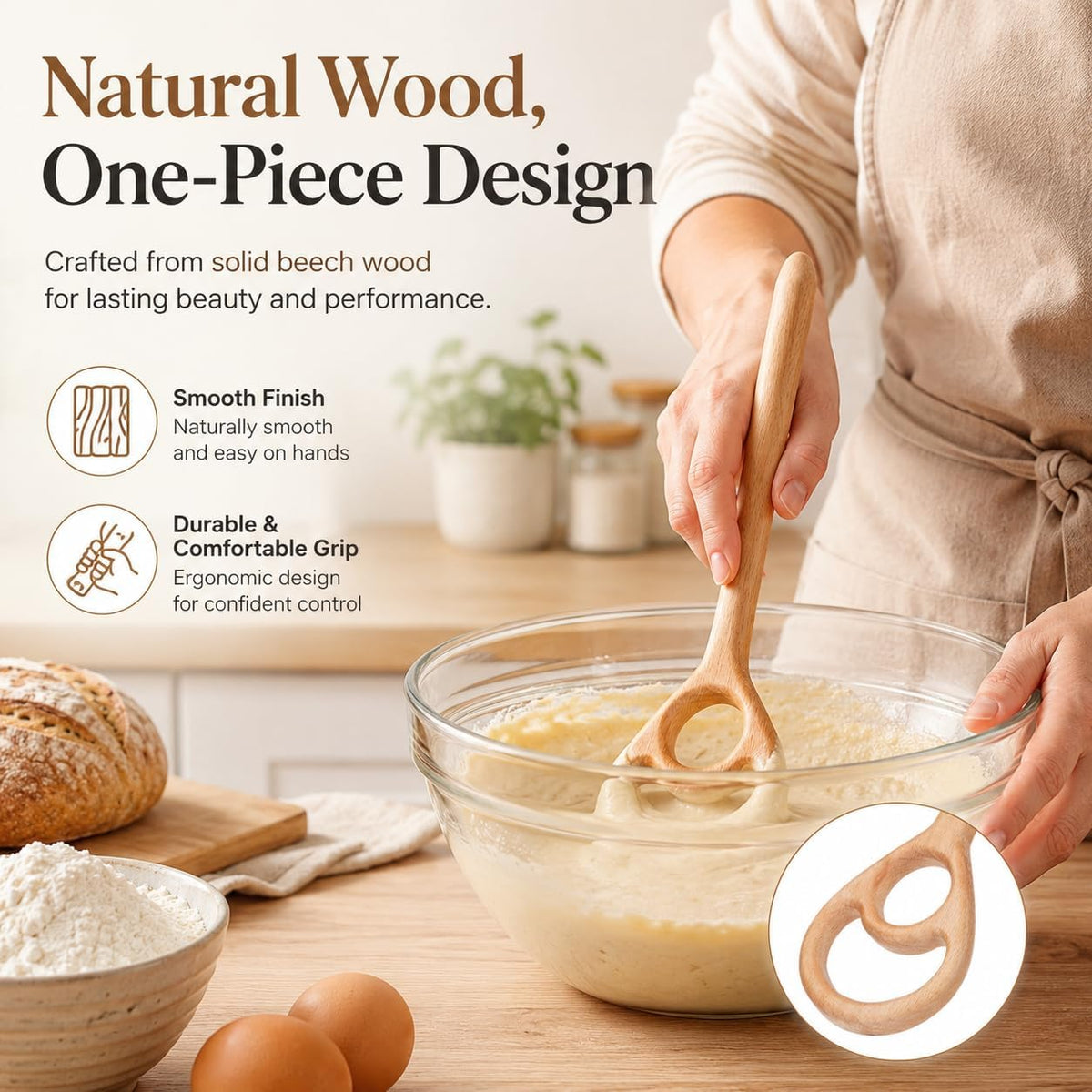 2 Pack Wooden Danish Dough Whisk, 12.6 Inch Seamless Sourdough Mixer Tool, Bread Whisk for Mixing Pizza Pastry, Danish Dough Hook & Spurtle for Sourdough Starter Stirring