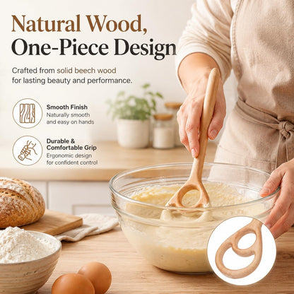 2 Pack Wooden Danish Dough Whisk, 12.6 Inch Seamless Sourdough Mixer Tool, Bread Whisk for Mixing Pizza Pastry, Danish Dough Hook & Spurtle for Sourdough Starter Stirring
