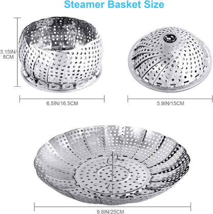 Veggie Vegetable Steamer Basket, Folding Steaming Basket, Metal Collapsible Stainless Steel Steamer Basket Insert for Cooking Food, Expandable Fit Various Size Pot(5.9" to 9.8")