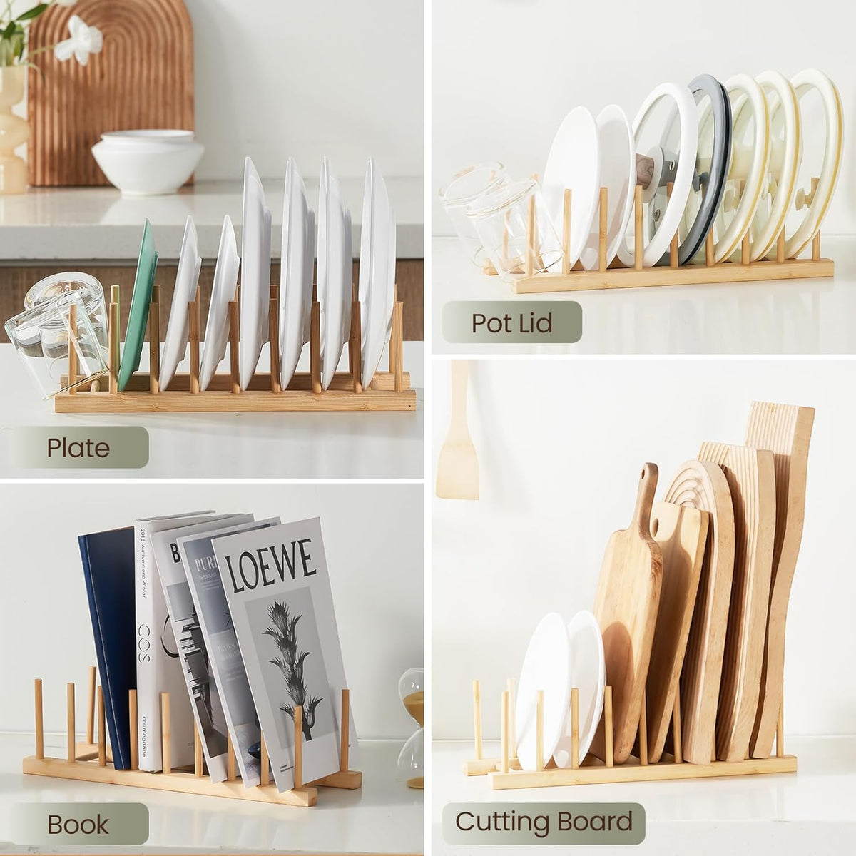 Bamboo Wooden Dish Rack-Plate Pot Lid Cutting Board Organizer Holder Rack for Cabinet-Kitchen Cabinet Organizer for Dish, Pots, Lids, Bowls, Bottles, Books, and Puzzle