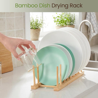 Bamboo Wooden Dish Rack-Plate Pot Lid Cutting Board Organizer Holder Rack for Cabinet-Kitchen Cabinet Organizer for Dish, Pots, Lids, Bowls, Bottles, Books, and Puzzle