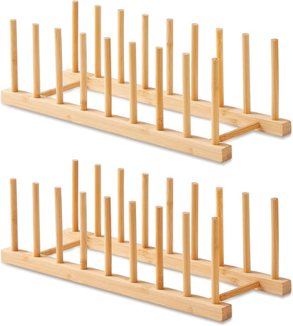 Bamboo Wooden Dish Rack-Plate Pot Lid Cutting Board Organizer Holder Rack for Cabinet-Kitchen Cabinet Organizer for Dish, Pots, Lids, Bowls, Bottles, Books, and Puzzle