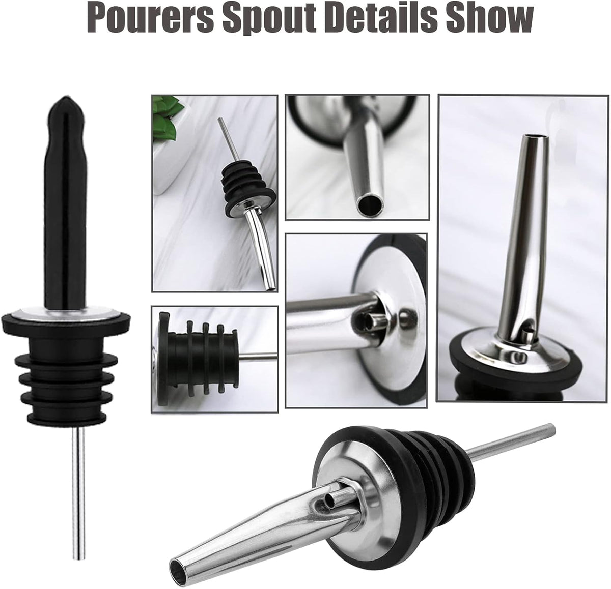 6 Pack Liquor Bottle Pourers, Liquor Pour Spout for Liquor Bottles, Stainless Steel Olive oil Dispenser Spout, Alcohol Pourer Spouts Dust Caps Covers Fixed, Sliver
