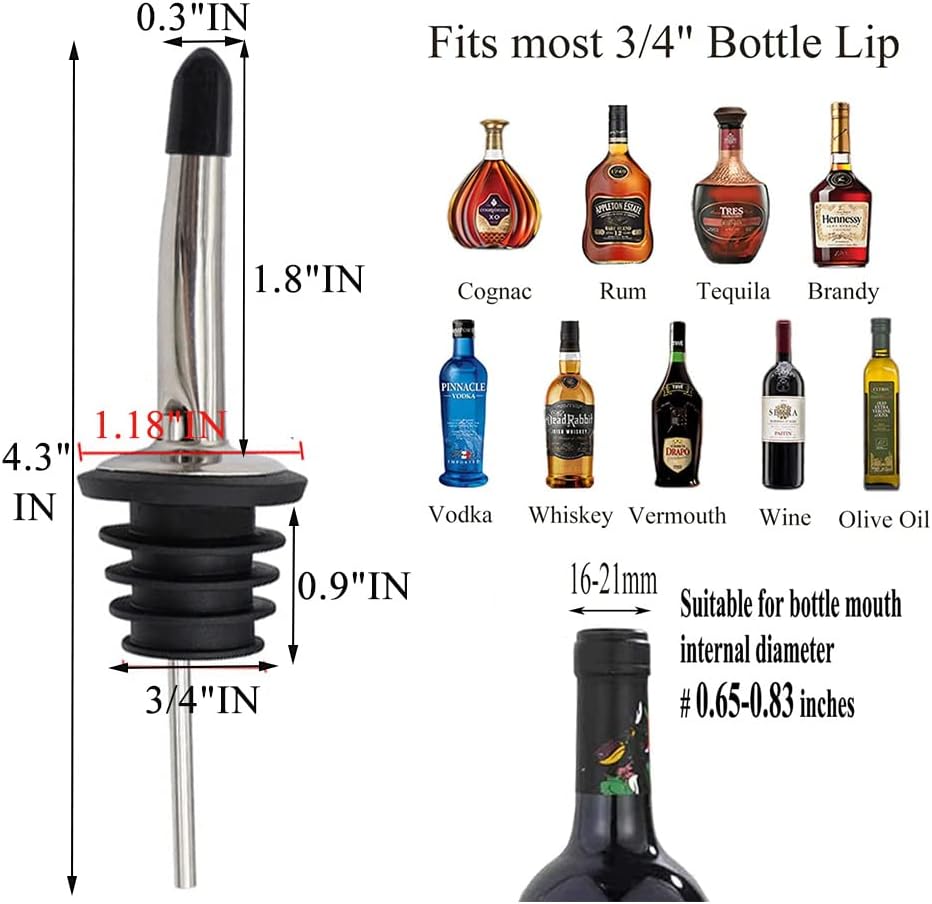 6 Pack Liquor Bottle Pourers, Liquor Pour Spout for Liquor Bottles, Stainless Steel Olive oil Dispenser Spout, Alcohol Pourer Spouts Dust Caps Covers Fixed, Sliver