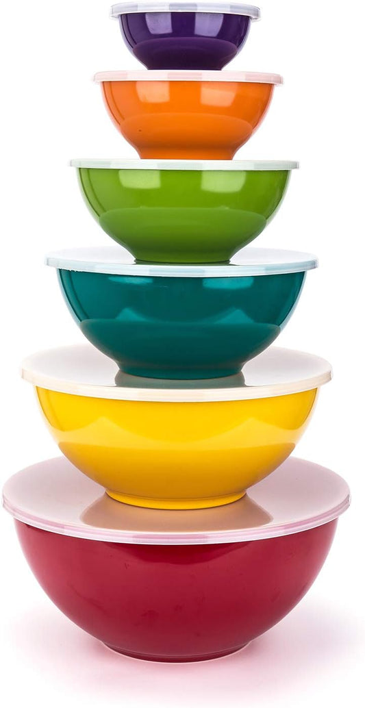 Melamine Mixing Bowls with Lids - 6 Piece Melamine Bowls and 6 Piece Plastic Lids, Multicolor