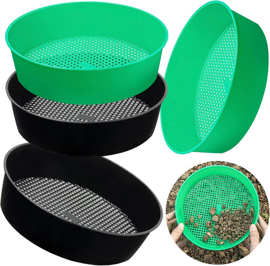 4 Pack Garden Soil Compost Sifter Round Plastic Sand Sieve, Sifting Pan Set | for Gardening Home Plant Work With Small Rocks Gravel Sand