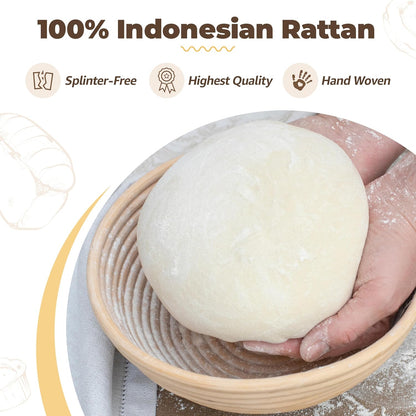 9" Banneton Bread Proofing Basket Set of 2 – Round & Oval Rattan, Sourdough Starter Kit, Includes Lame, Dough Scrapers, Linen Liner Cloth, Dough Whisk, Bread Bag