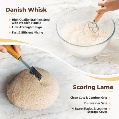 9" Banneton Bread Proofing Basket Set of 2 – Round & Oval Rattan, Sourdough Starter Kit, Includes Lame, Dough Scrapers, Linen Liner Cloth, Dough Whisk, Bread Bag