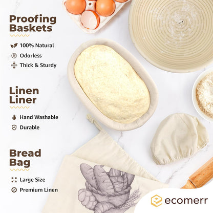 9" Banneton Bread Proofing Basket Set of 2 – Round & Oval Rattan, Sourdough Starter Kit, Includes Lame, Dough Scrapers, Linen Liner Cloth, Dough Whisk, Bread Bag