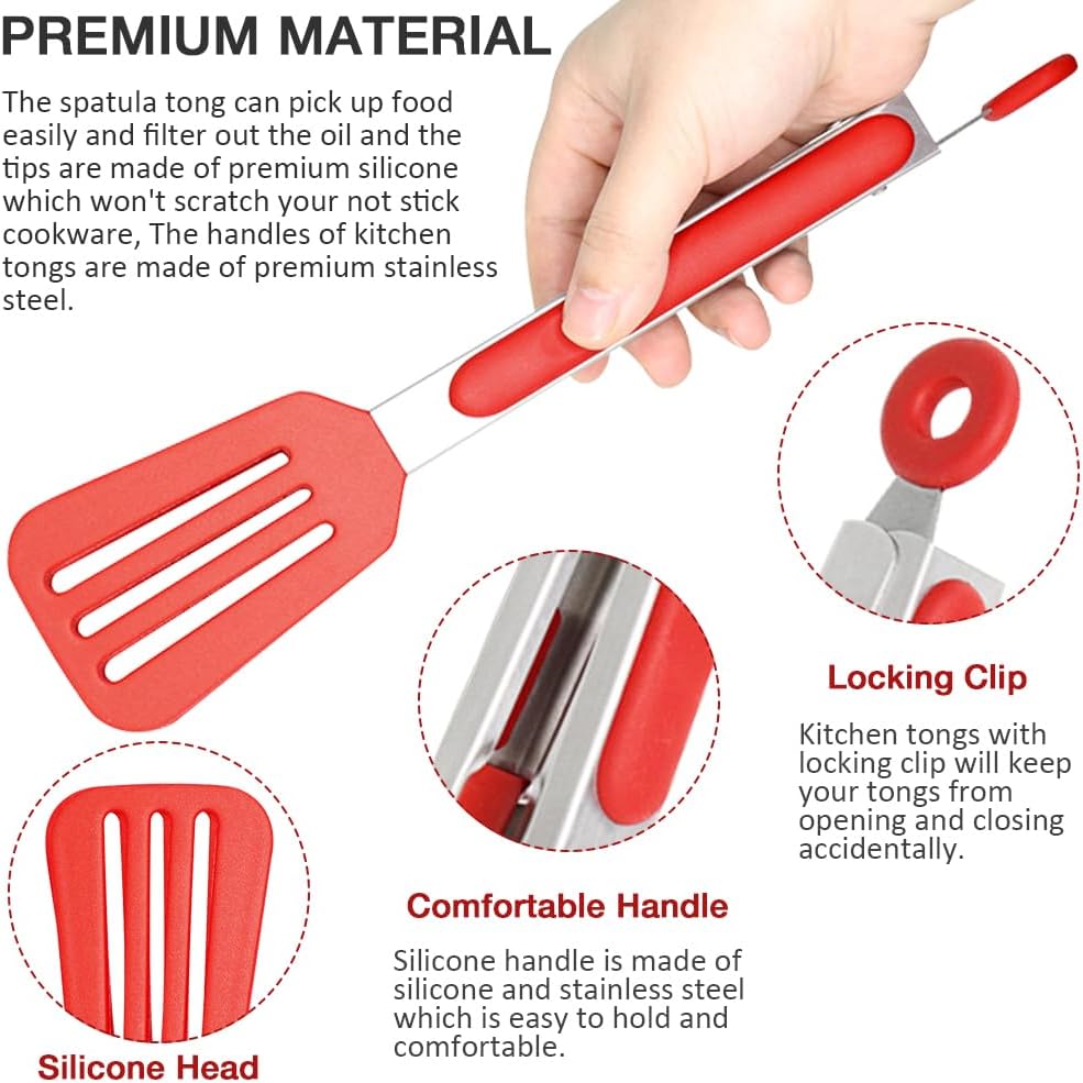 Mini Silicone Serving Tongs Set of 3, Small Kitchen Tongs (7 inch) with Silicone Tips and Stainless Steel Handle, Cooking Tongs for Salads, Pasta, Steaks, Vegetables