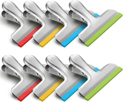 8 Pack Stainless Steel Chip Bag Clips Covered with Silicone - NO More Sharp Edges - Color Coded for Food Bags - Air Tight Seal, Heavy Duty for Kitchen and Office, 3 Inches