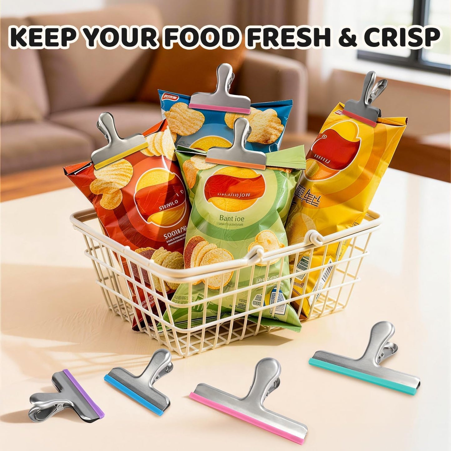 8 Pack Stainless Steel Chip Bag Clips Covered with Silicone - NO More Sharp Edges - Color Coded for Food Bags - Air Tight Seal, Heavy Duty for Kitchen and Office, 3 Inches