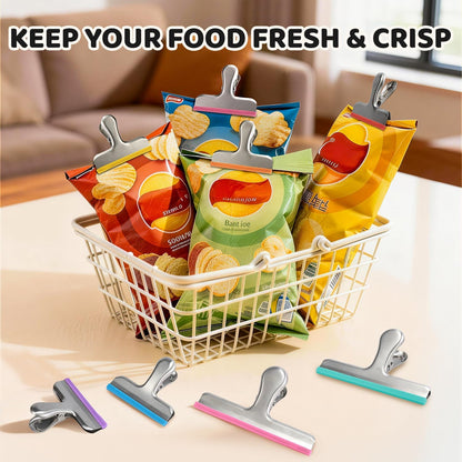 8 Pack Stainless Steel Chip Bag Clips Covered with Silicone - NO More Sharp Edges - Color Coded for Food Bags - Air Tight Seal, Heavy Duty for Kitchen and Office, 3 Inches