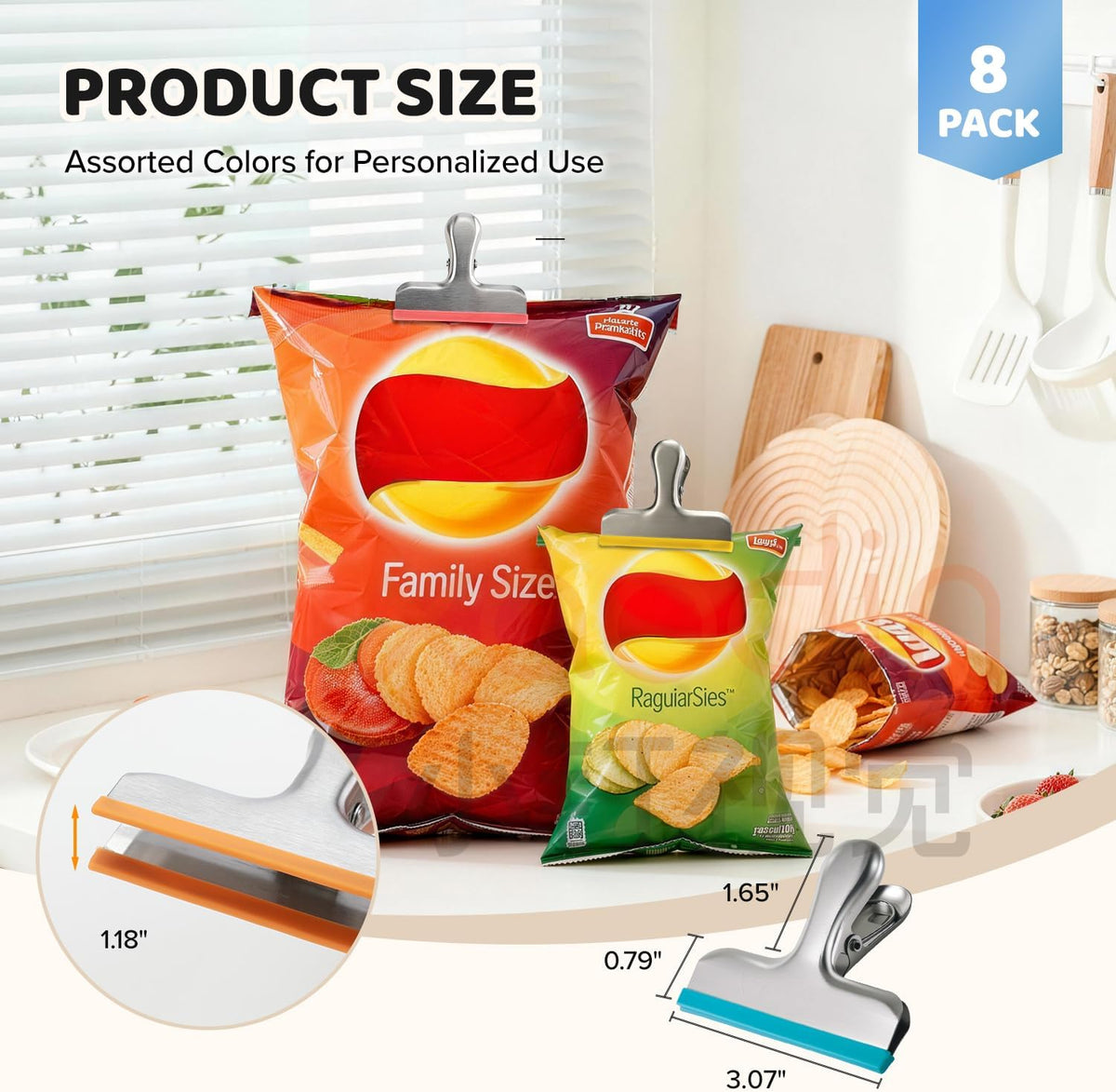 8 Pack Stainless Steel Chip Bag Clips Covered with Silicone - NO More Sharp Edges - Color Coded for Food Bags - Air Tight Seal, Heavy Duty for Kitchen and Office, 3 Inches