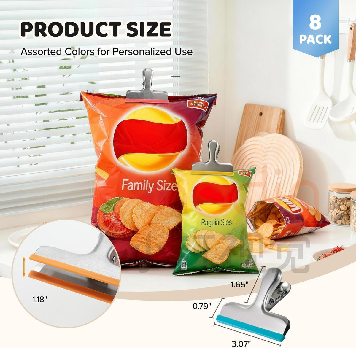 8 Pack Stainless Steel Chip Bag Clips Covered with Silicone - NO More Sharp Edges - Color Coded for Food Bags - Air Tight Seal, Heavy Duty for Kitchen and Office, 3 Inches