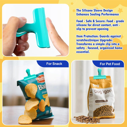 8 Pack Stainless Steel Chip Bag Clips Covered with Silicone - NO More Sharp Edges - Color Coded for Food Bags - Air Tight Seal, Heavy Duty for Kitchen and Office, 3 Inches