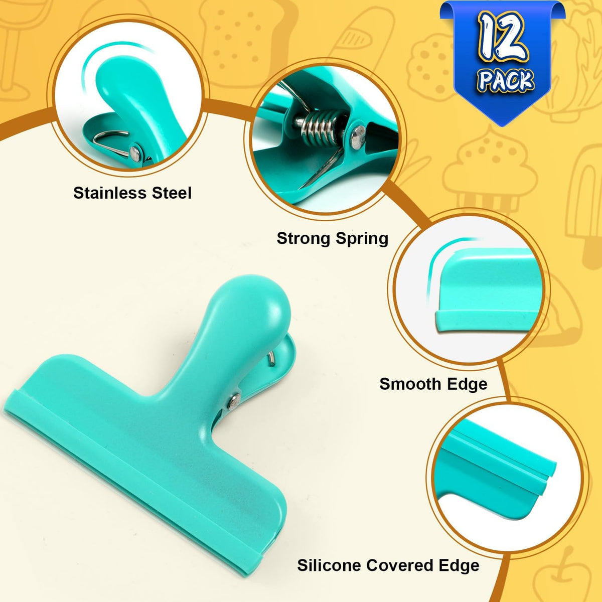 8 Pack Stainless Steel Chip Bag Clips Covered with Silicone - NO More Sharp Edges - Color Coded for Food Bags - Air Tight Seal, Heavy Duty for Kitchen and Office, 3 Inches