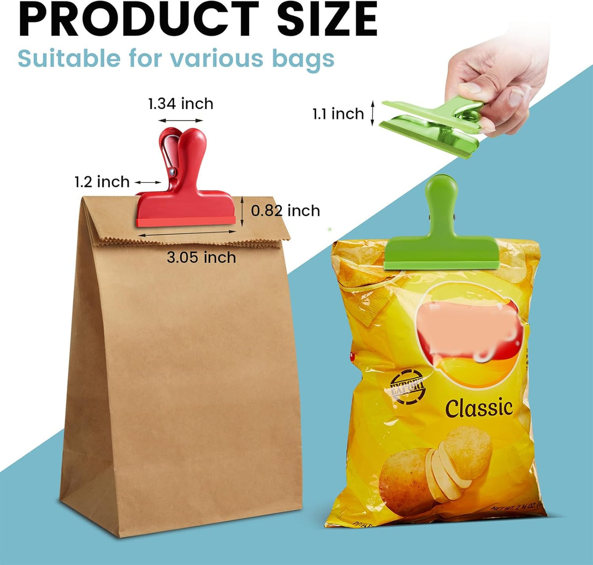 8 Pack Stainless Steel Chip Bag Clips Covered with Silicone - NO More Sharp Edges - Color Coded for Food Bags - Air Tight Seal, Heavy Duty for Kitchen and Office, 3 Inches