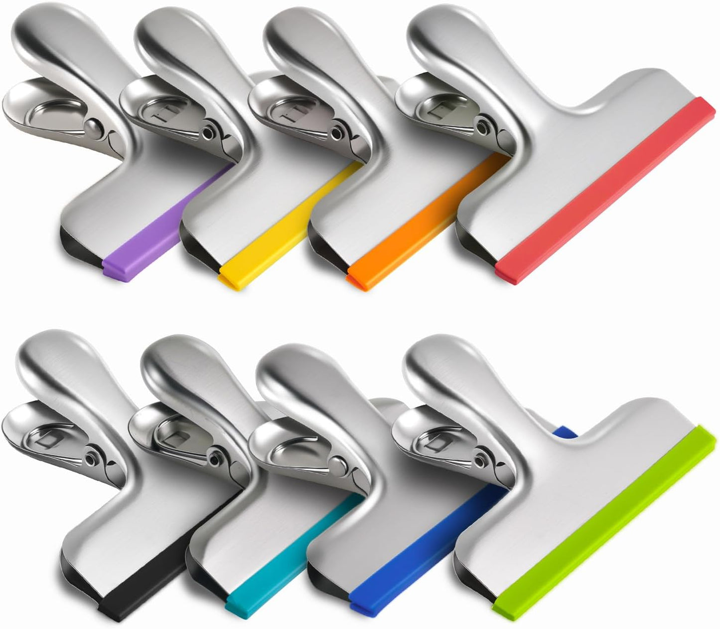 8 Pack Stainless Steel Chip Bag Clips Covered with Silicone - NO More Sharp Edges - Color Coded for Food Bags - Air Tight Seal, Heavy Duty for Kitchen and Office, 3 Inches