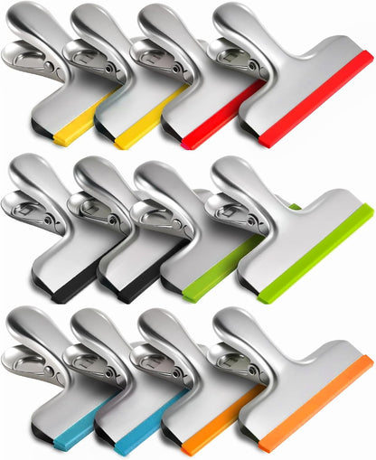 8 Pack Stainless Steel Chip Bag Clips Covered with Silicone - NO More Sharp Edges - Color Coded for Food Bags - Air Tight Seal, Heavy Duty for Kitchen and Office, 3 Inches