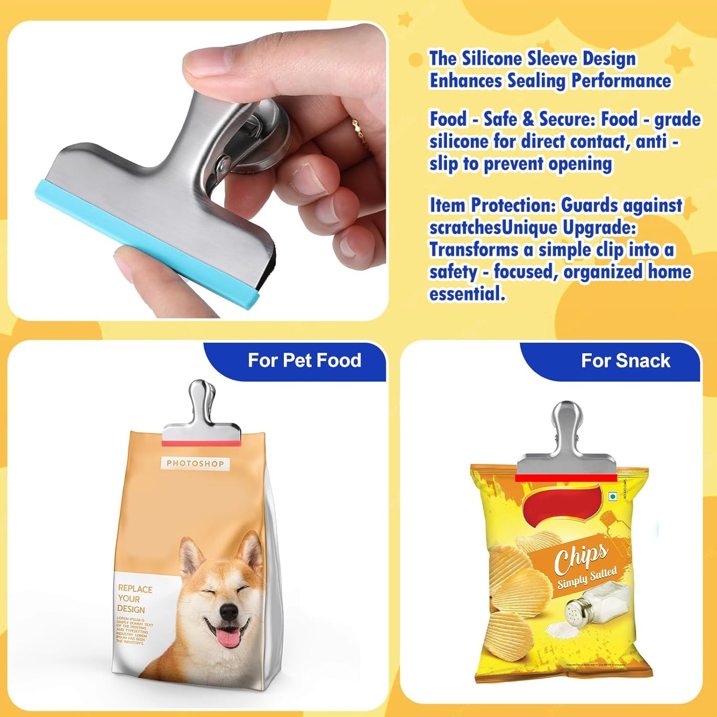 8 Pack Stainless Steel Chip Bag Clips Covered with Silicone - NO More Sharp Edges - Color Coded for Food Bags - Air Tight Seal, Heavy Duty for Kitchen and Office, 3 Inches