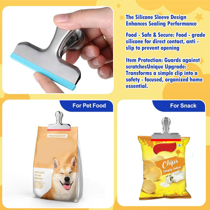 8 Pack Stainless Steel Chip Bag Clips Covered with Silicone - NO More Sharp Edges - Color Coded for Food Bags - Air Tight Seal, Heavy Duty for Kitchen and Office, 3 Inches