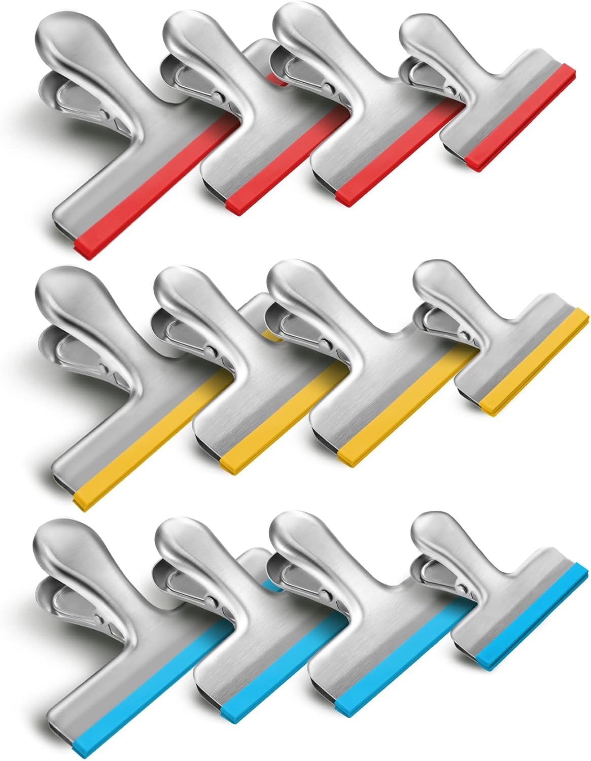 8 Pack Stainless Steel Chip Bag Clips Covered with Silicone - NO More Sharp Edges - Color Coded for Food Bags - Air Tight Seal, Heavy Duty for Kitchen and Office, 3 Inches
