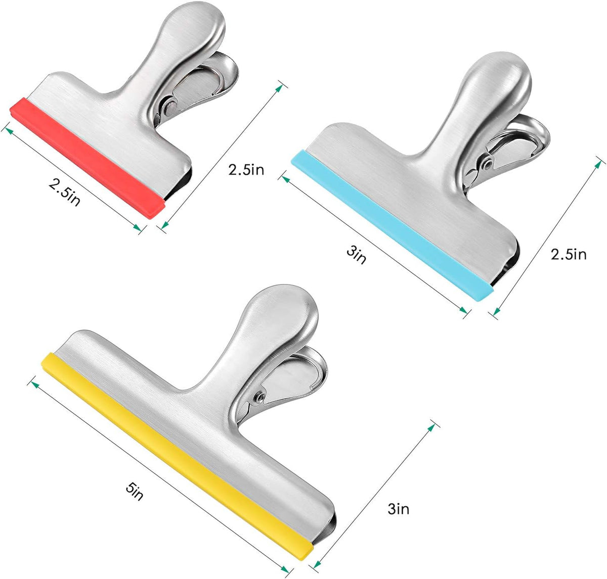 8 Pack Stainless Steel Chip Bag Clips Covered with Silicone - NO More Sharp Edges - Color Coded for Food Bags - Air Tight Seal, Heavy Duty for Kitchen and Office, 3 Inches