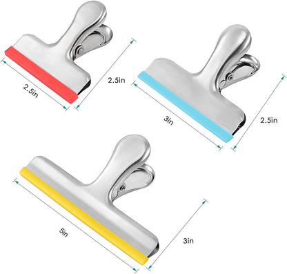 8 Pack Stainless Steel Chip Bag Clips Covered with Silicone - NO More Sharp Edges - Color Coded for Food Bags - Air Tight Seal, Heavy Duty for Kitchen and Office, 3 Inches