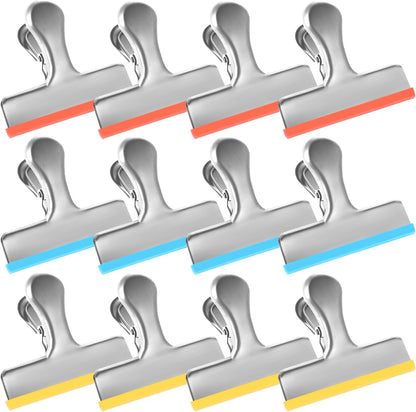 8 Pack Stainless Steel Chip Bag Clips Covered with Silicone - NO More Sharp Edges - Color Coded for Food Bags - Air Tight Seal, Heavy Duty for Kitchen and Office, 3 Inches