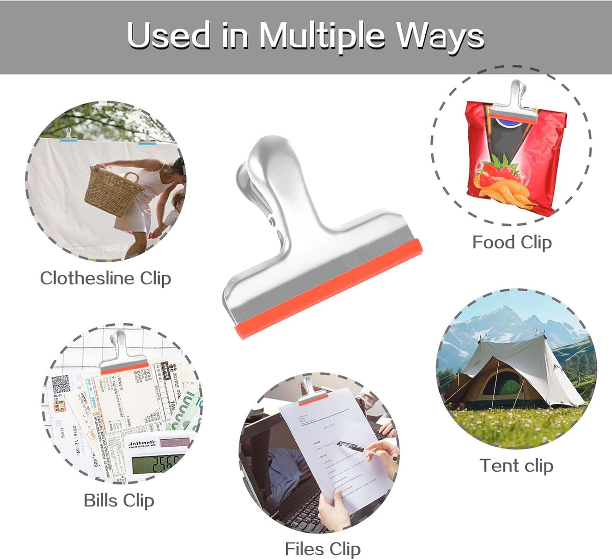 8 Pack Stainless Steel Chip Bag Clips Covered with Silicone - NO More Sharp Edges - Color Coded for Food Bags - Air Tight Seal, Heavy Duty for Kitchen and Office, 3 Inches