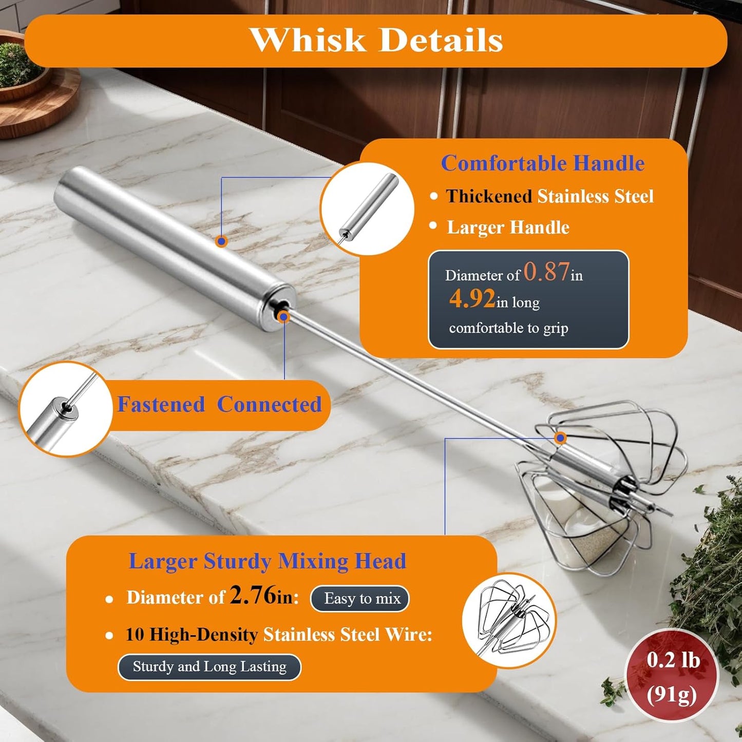 Stainless Steel Semi Automatic Whisk Egg Beater, 10in | Whizzy Whisk, Hand Push Blender Kitchen Mixer Wisking Tool for Blending Cooking Gadgets