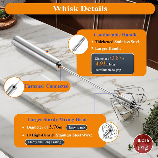 Stainless Steel Semi Automatic Whisk Egg Beater, 10in | Whizzy Whisk, Hand Push Blender Kitchen Mixer Wisking Tool for Blending Cooking Gadgets