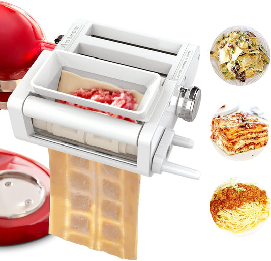 3-IN-1 Pasta Attachment & Ravioli Attachment for KitchenAid Stand Mixers, Pasta Maker Assecories included Pasta Sheet Roller, Spaghetti Cutter and Ravioli Maker Attachment