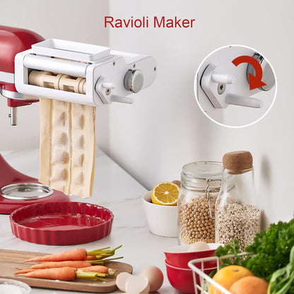 3-IN-1 Pasta Attachment & Ravioli Attachment for KitchenAid Stand Mixers, Pasta Maker Assecories included Pasta Sheet Roller, Spaghetti Cutter and Ravioli Maker Attachment
