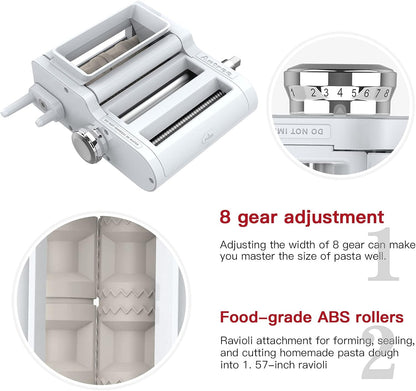 3-IN-1 Pasta Attachment & Ravioli Attachment for KitchenAid Stand Mixers, Pasta Maker Assecories included Pasta Sheet Roller, Spaghetti Cutter and Ravioli Maker Attachment
