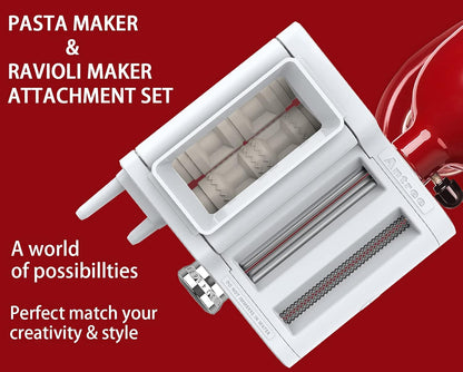 3-IN-1 Pasta Attachment & Ravioli Attachment for KitchenAid Stand Mixers, Pasta Maker Assecories included Pasta Sheet Roller, Spaghetti Cutter and Ravioli Maker Attachment