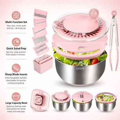 Stainless Steel Salad Spinner Large with 5 Blades Slicer, Lettuce Washer Spinner and Dryer, Vegetable Fruits Chopper Bowl, Egg Yolk Strainer, 5.3Qt Pink