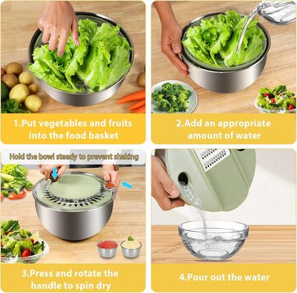 Stainless Steel Salad Spinner Large with 5 Blades Slicer, Lettuce Washer Spinner and Dryer, Vegetable Fruits Chopper Bowl, Egg Yolk Strainer, 5.3Qt Pink