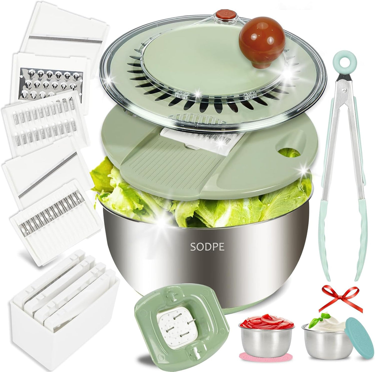 Stainless Steel Salad Spinner Large with 5 Blades Slicer, Lettuce Washer Spinner and Dryer, Vegetable Fruits Chopper Bowl, Egg Yolk Strainer, 5.3Qt Pink