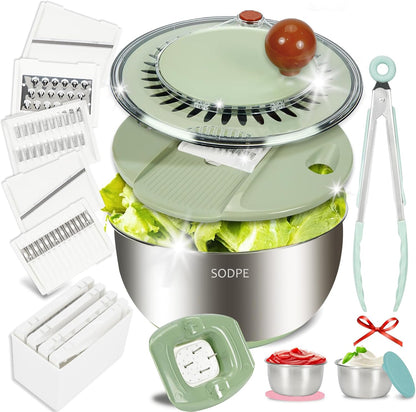 Stainless Steel Salad Spinner Large with 5 Blades Slicer, Lettuce Washer Spinner and Dryer, Vegetable Fruits Chopper Bowl, Egg Yolk Strainer, 5.3Qt Pink