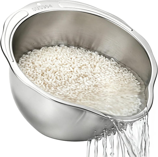 Rice Strainer & Rice Washing Bowl Stainless Steel - 5.6 Qt Professional Fine Mesh Rice Washer for Kitchen - Heavy Duty Rice Rinser, Cleaner & Drainer Colander for Quinoa, Grains & Fruit