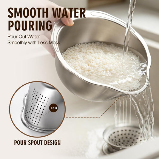 Rice Strainer & Rice Washing Bowl Stainless Steel - 5.6 Qt Professional Fine Mesh Rice Washer for Kitchen - Heavy Duty Rice Rinser, Cleaner & Drainer Colander for Quinoa, Grains & Fruit