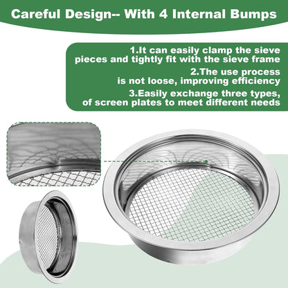 Soil Sieve Set Garden Soils Sifter Stainless Steel Mesh Sifters Compost Sifter with 1,3,6,9,12mm Sieve Mesh and Bonsai Soil Scoop