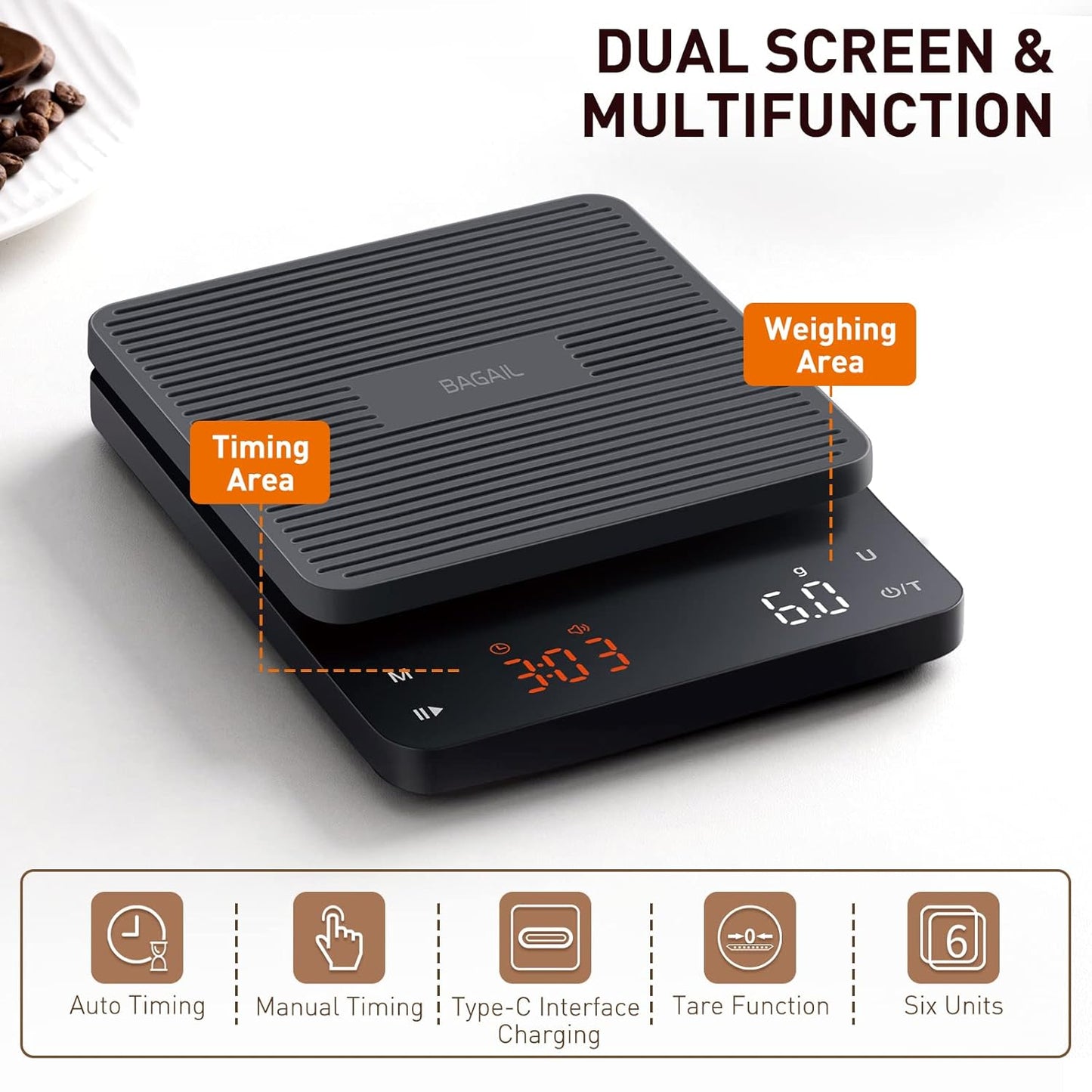 BAGAIL Coffee Scale with Timer, 0.1g/3kg Precision | For Drip Espresso & Pour Over, Rechargeable, Clear LED Display, Auto Tare, Waterproof Silicone Cover, Charging Cable Included
