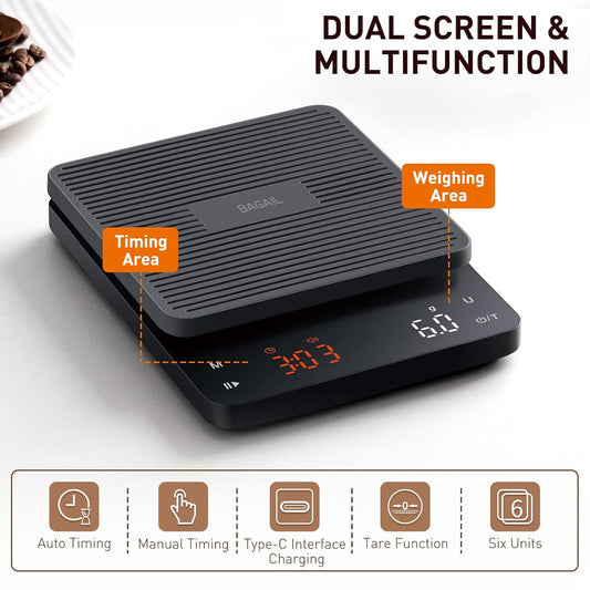 BAGAIL Coffee Scale with Timer, 0.1g/3kg Precision | For Drip Espresso & Pour Over, Rechargeable, Clear LED Display, Auto Tare, Waterproof Silicone Cover, Charging Cable Included