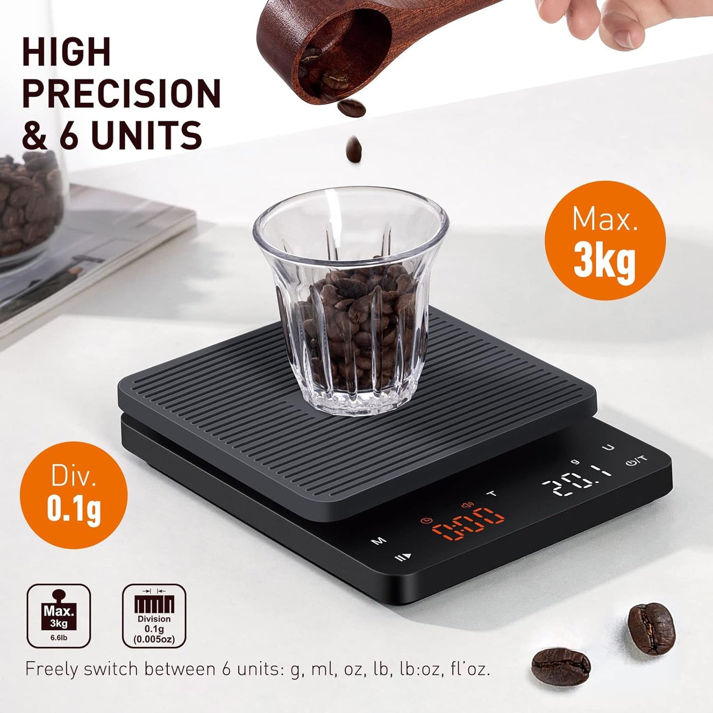 BAGAIL Coffee Scale with Timer, 0.1g/3kg Precision | For Drip Espresso & Pour Over, Rechargeable, Clear LED Display, Auto Tare, Waterproof Silicone Cover, Charging Cable Included