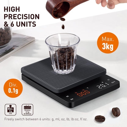 BAGAIL Coffee Scale with Timer, 0.1g/3kg Precision | For Drip Espresso & Pour Over, Rechargeable, Clear LED Display, Auto Tare, Waterproof Silicone Cover, Charging Cable Included