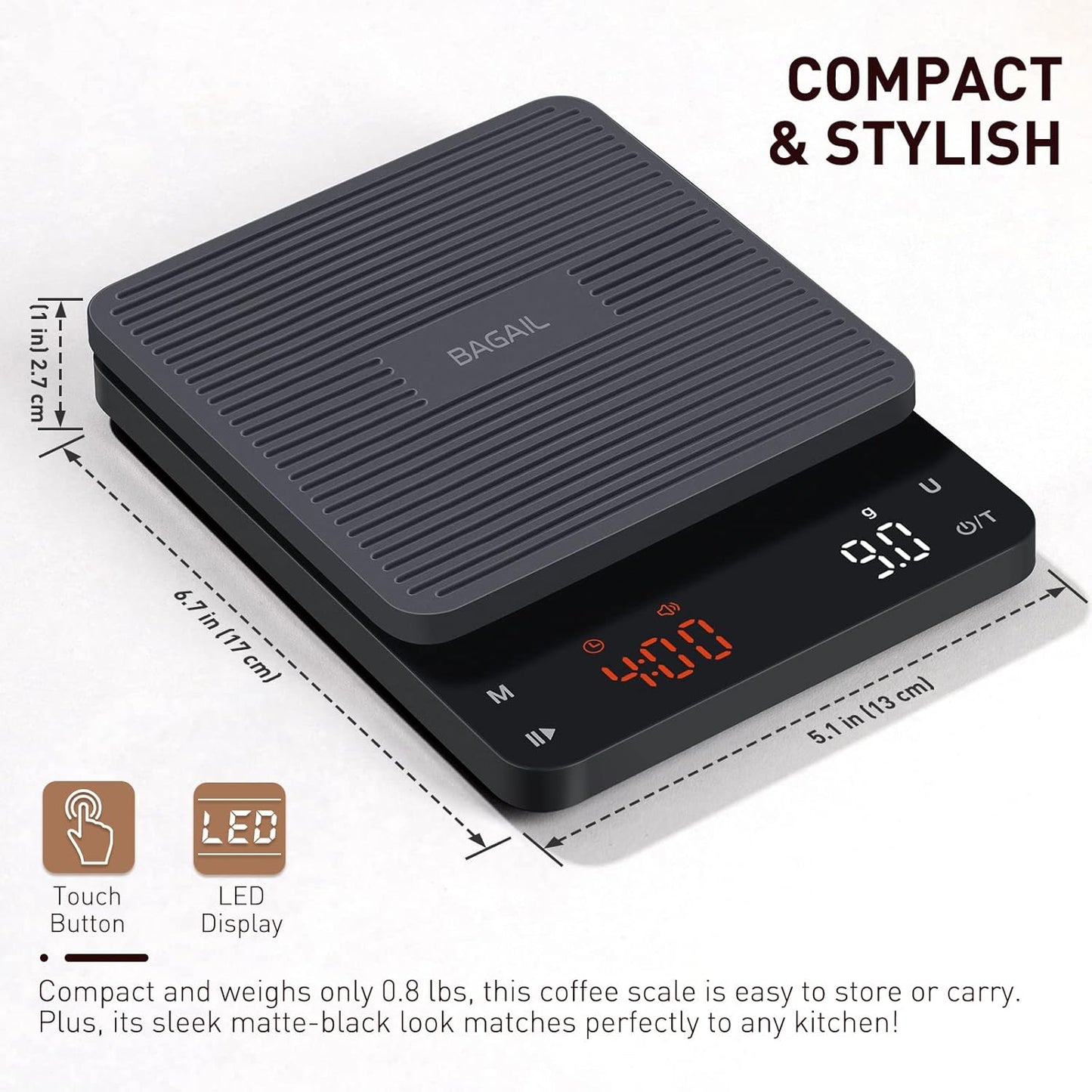 BAGAIL Coffee Scale with Timer, 0.1g/3kg Precision | For Drip Espresso & Pour Over, Rechargeable, Clear LED Display, Auto Tare, Waterproof Silicone Cover, Charging Cable Included