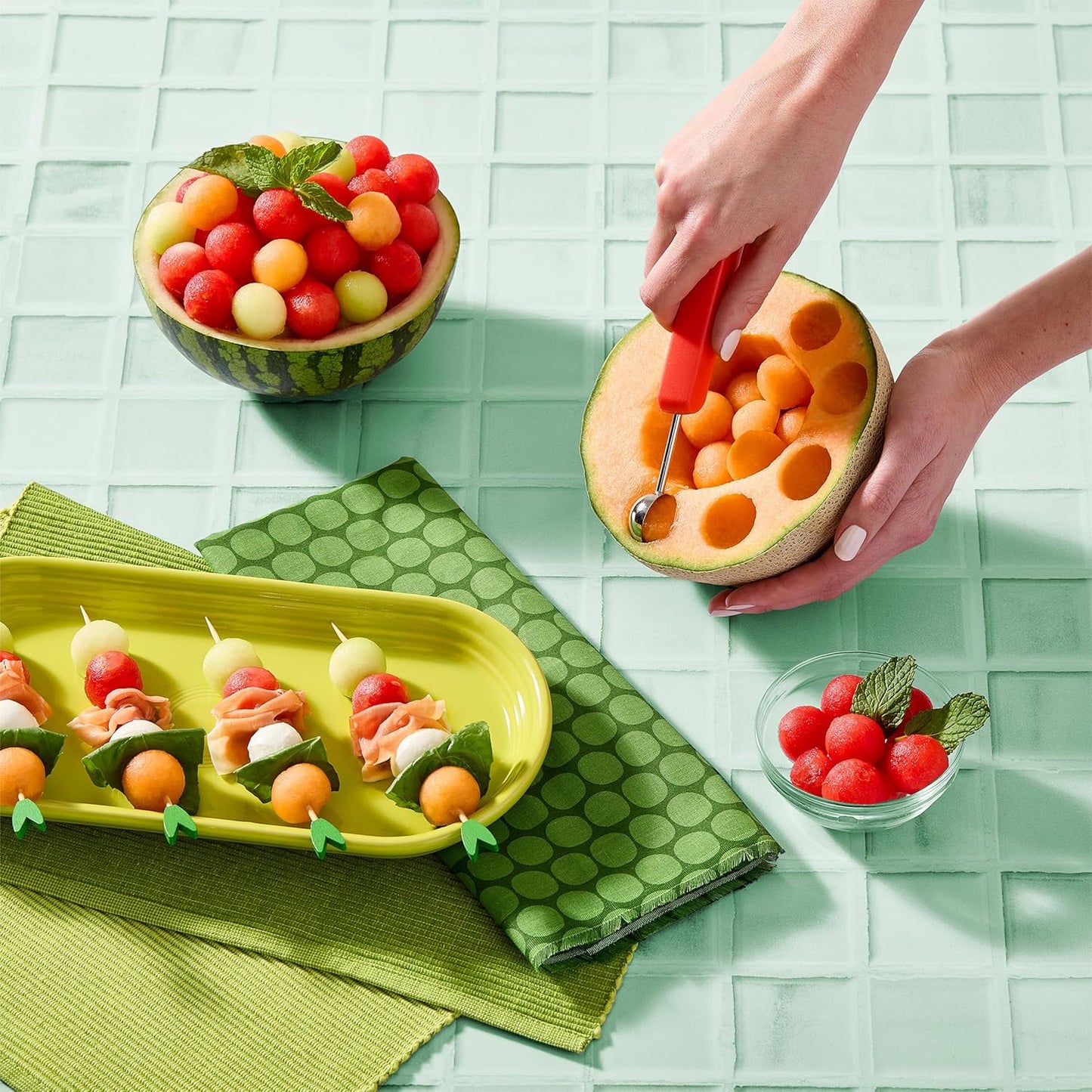 Watermelon Cube N Scoop Tool Set - 2-in-1 Design, Green | Slices Even Watermelon Cubes & Scoops Melon Balls, Nesting Design with Top-Rack Dishwasher-Safe Convenience